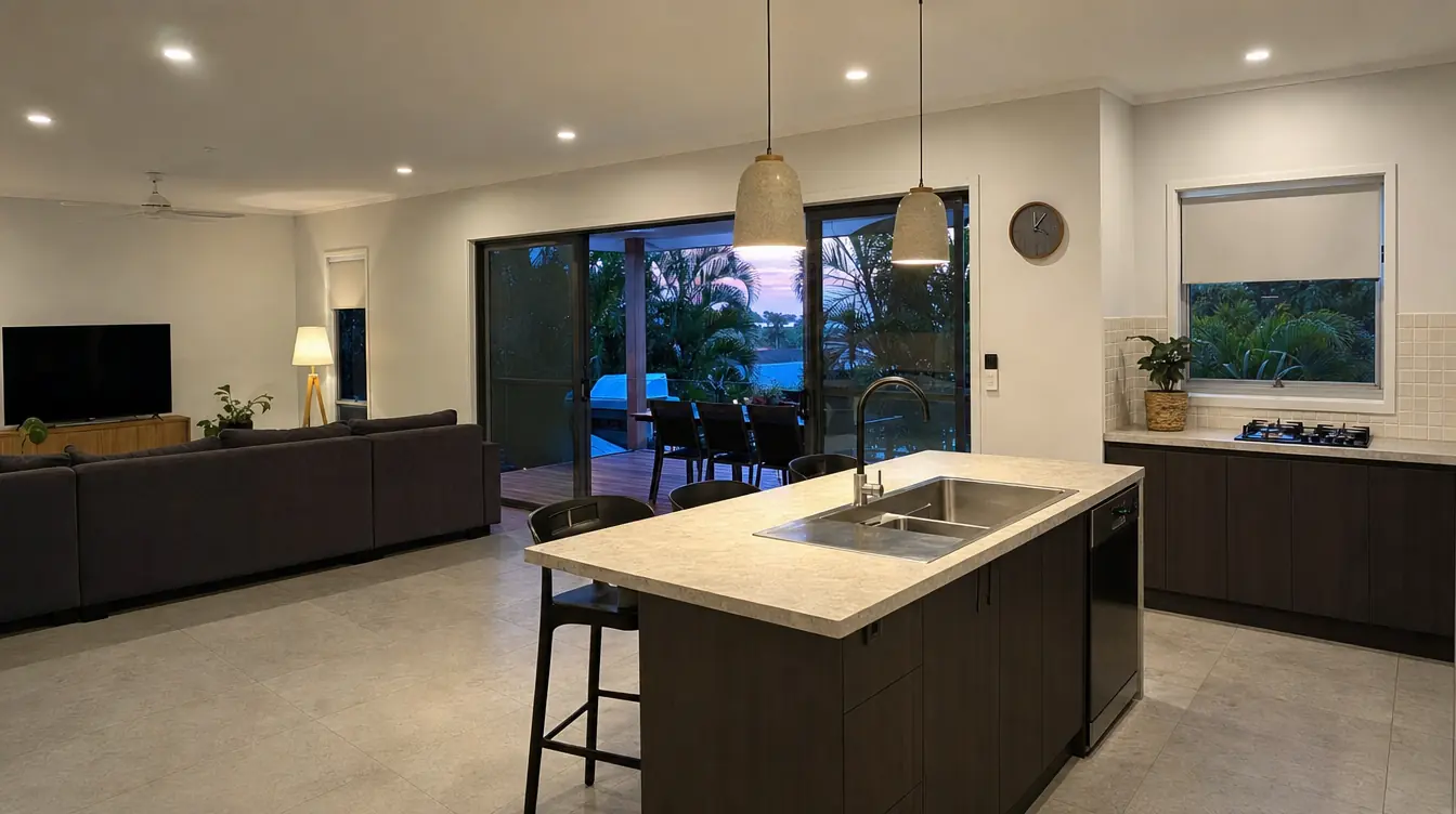 A Queensland kitchen and living area lit by warm white LED downlights