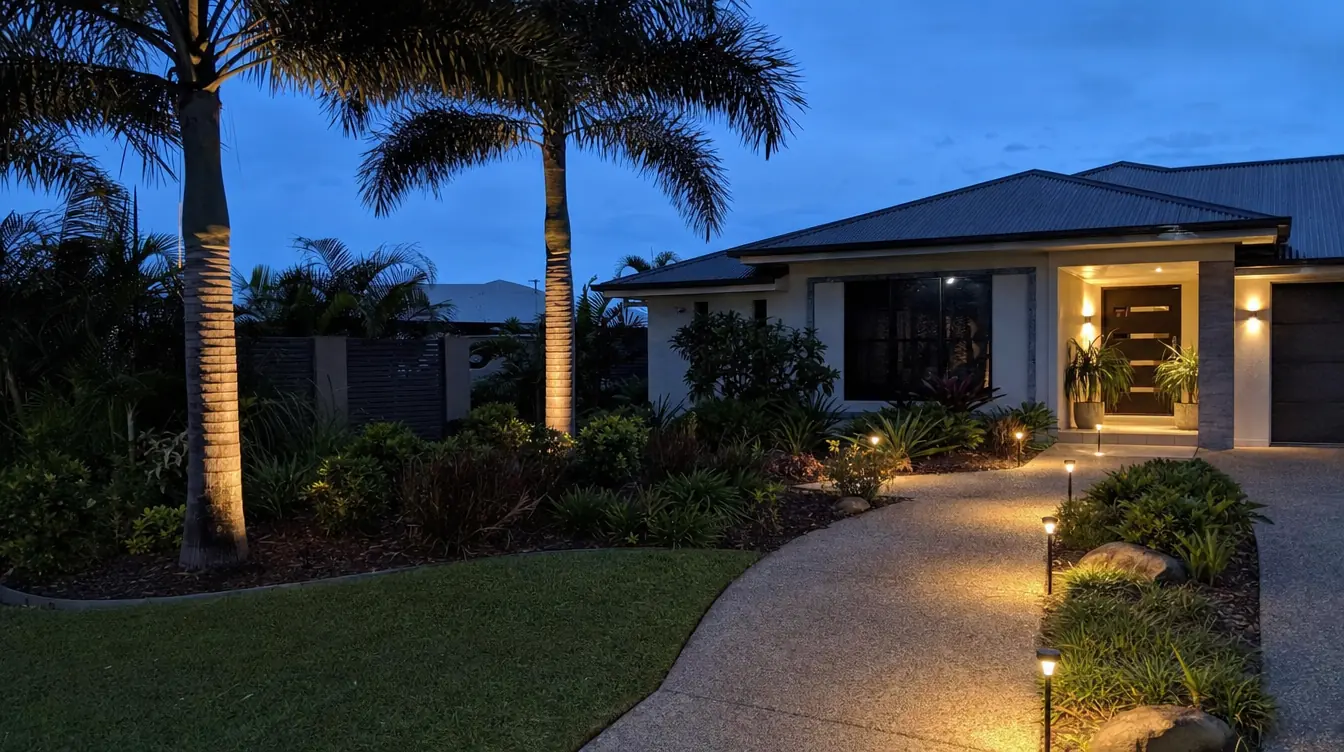Garden path lights and palm uplights outside a home at dusk