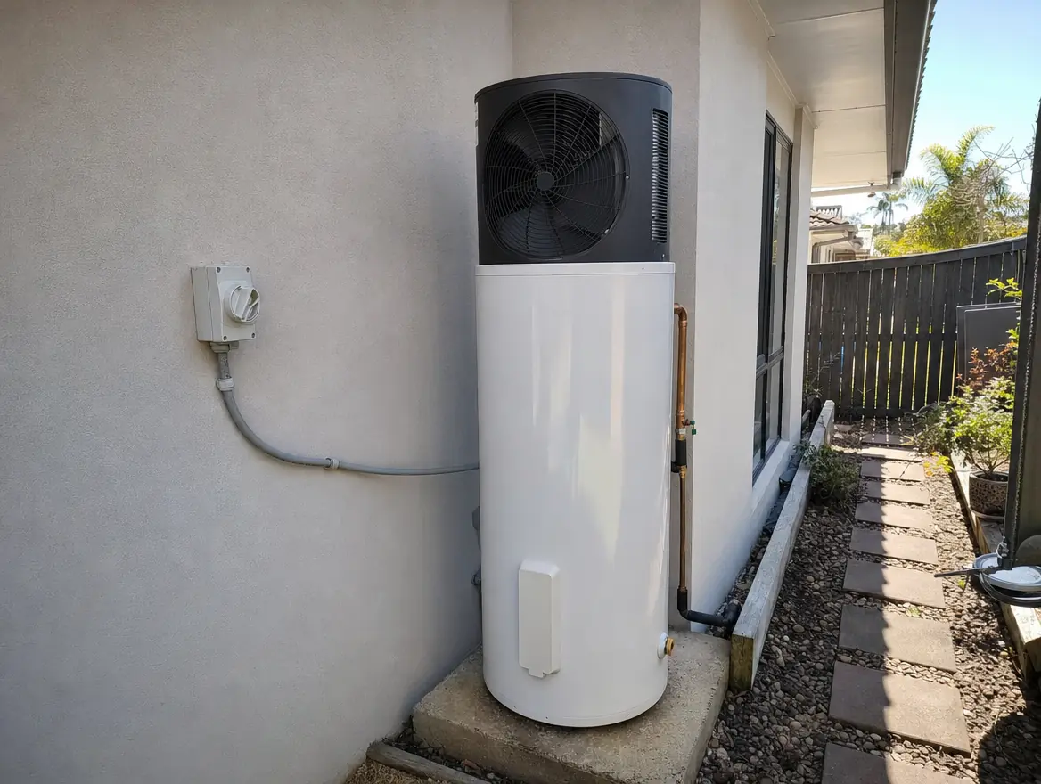 A heat pump hot water system with its electrical isolator beside a house