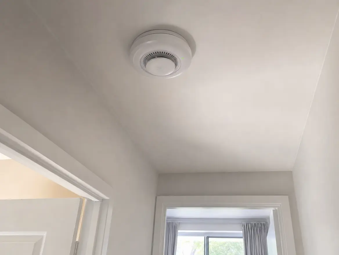 A photoelectric smoke alarm on a hallway ceiling