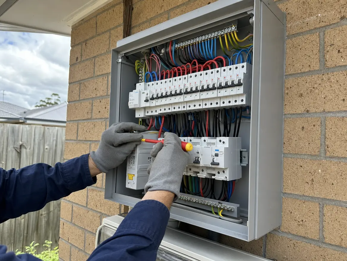 A tidy residential switchboard with circuit breakers and safety switches